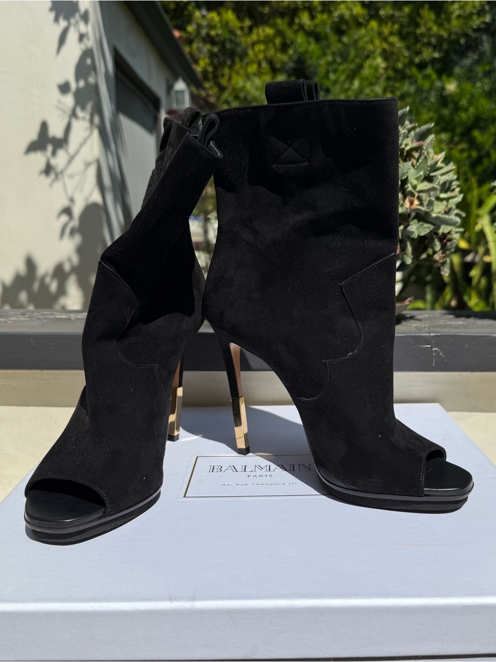 Balmain Black Suede Peep-Toe High-Heel Booties 39